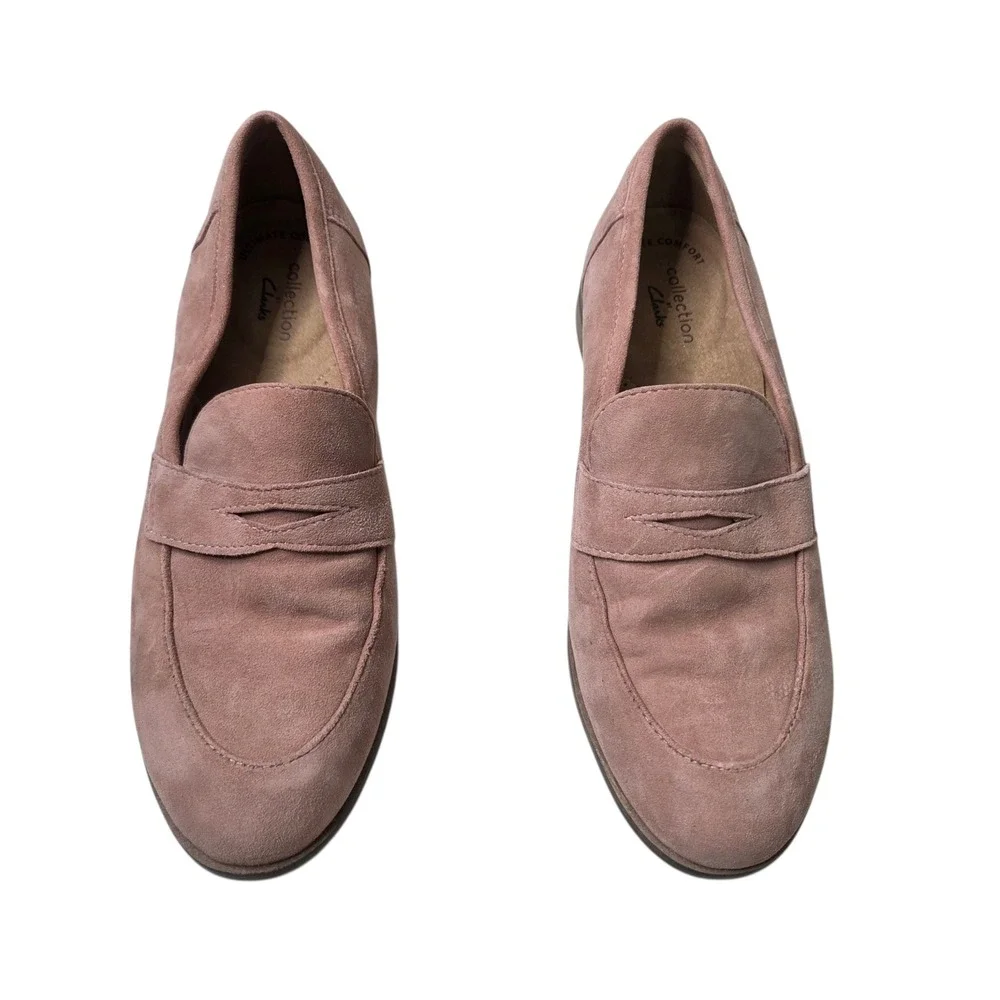 Clarks Womens Mauve Suede Penny Loafer 7.5 Ultimate Comfort Slip On Shoes Preppy